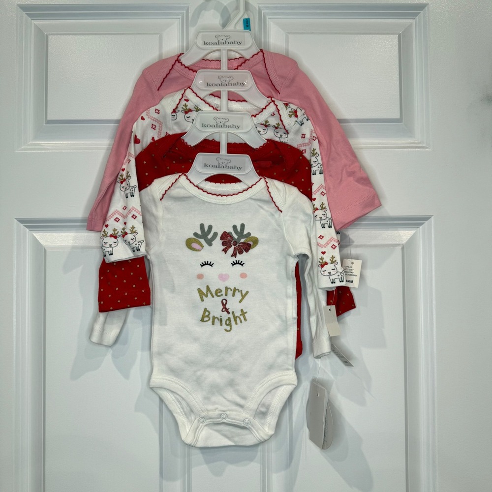 Koala Baby Girls 4-Piece Bodysuit Set, Christmas Holiday Reindeer Size 3-6M